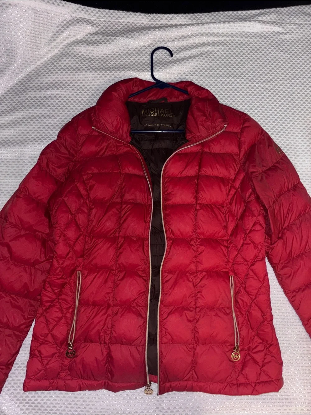 Michael Kors Red Quilted Puffer Jacket with Gold Hardware Accents